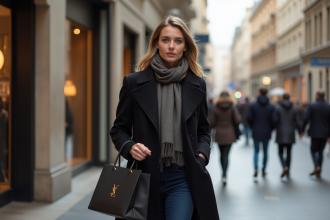 Femme élégante marchant en ville avec sac de luxe