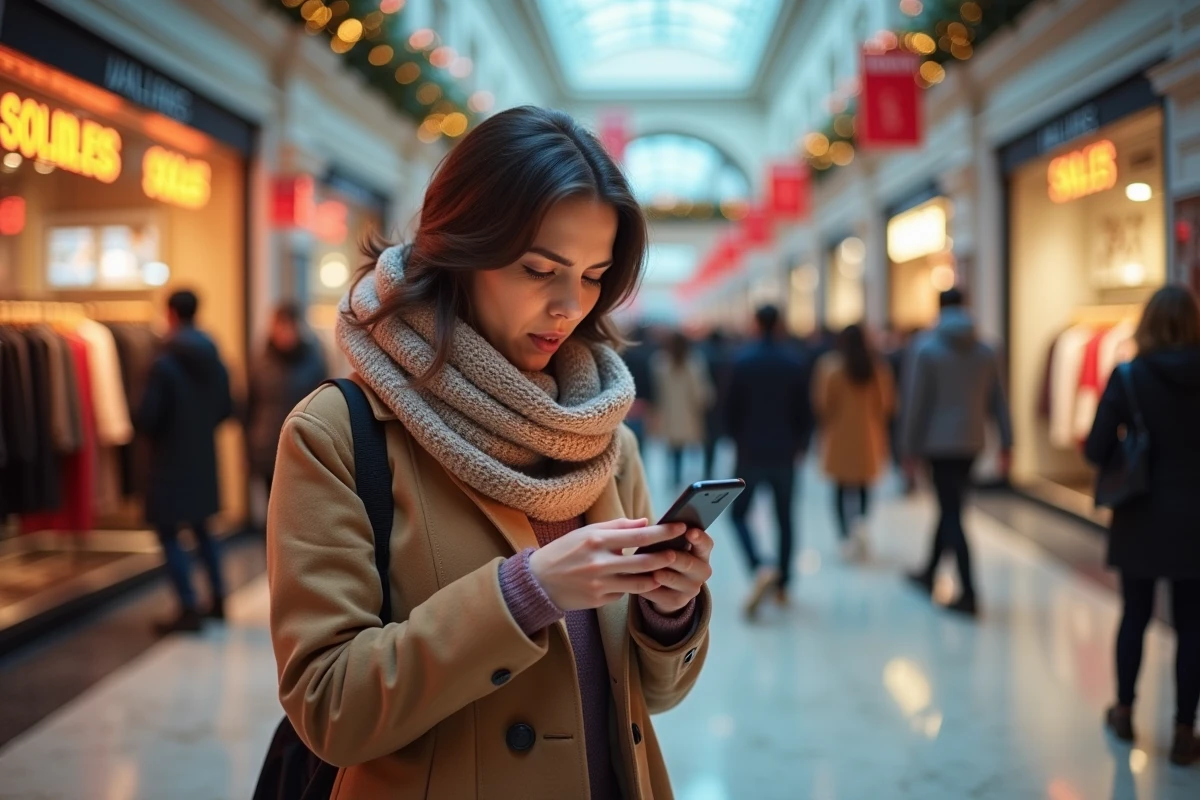 Femme déçue consultant son smartphone devant des rayons de soldes dans un centre commercial, ratant une promotion en ligne lors des soldes d'hiver