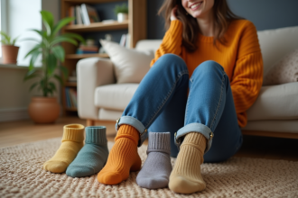 Jeune femme assise sur un canapé en train de comparer des chaussettes colorées