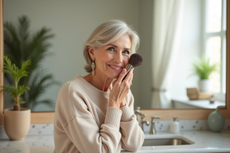Femme élégante de 60 ans appliquant du blush dans une salle de bain lumineuse