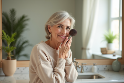 Femme élégante de 60 ans appliquant du blush dans une salle de bain lumineuse