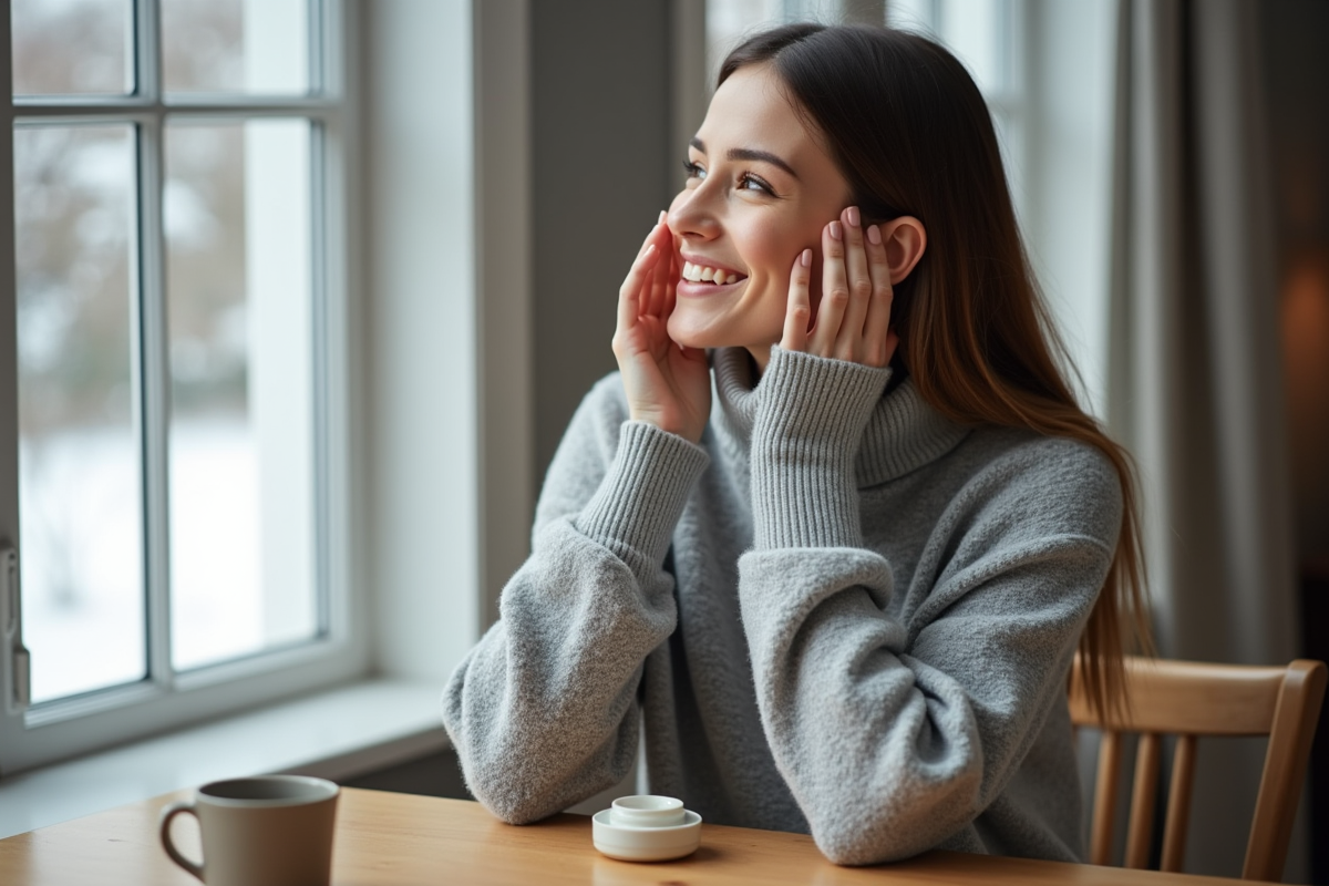 Femme souriante appliquant crème visage hiver