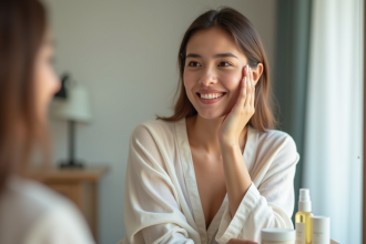 Femme souriante appliquant crème visage dans chambre lumineuse