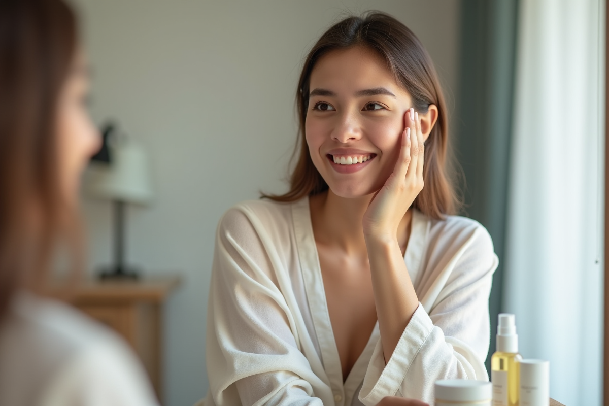 Femme souriante appliquant crème visage dans chambre lumineuse