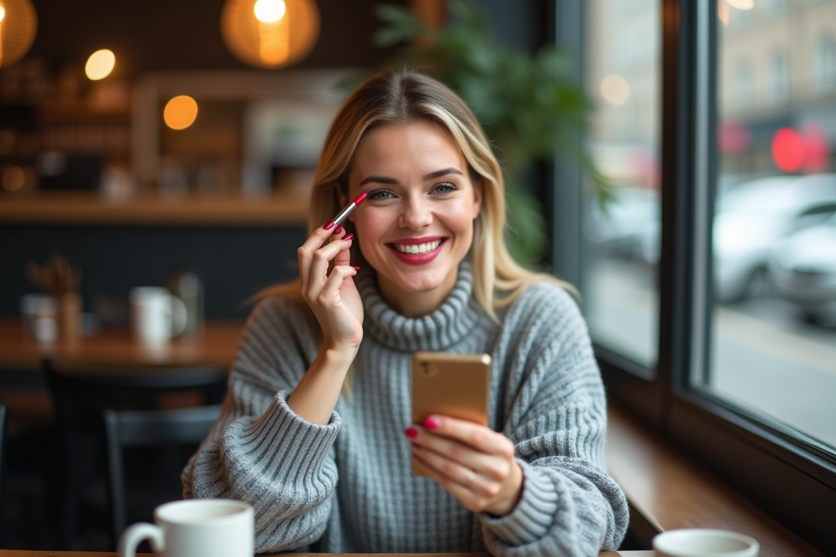 Femme souriante vérifiant son rouge à lèvres au café