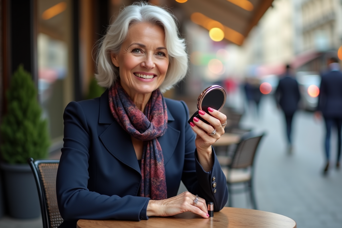 Femme confiante avec rouge à lèvres dans un café en ville