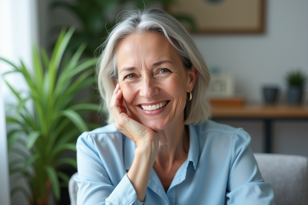 Femme souriante en intérieur avec plantes vertes