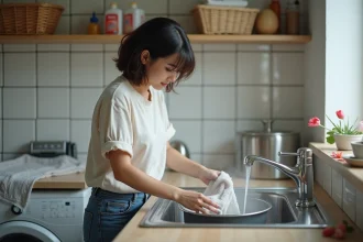 Femme en train de mélanger une teinture dans la buanderie