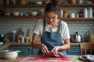 Femme en cuisine préparant de la teinture maison avec concentration