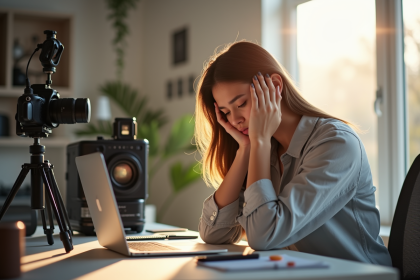 Jeune femme au bureau moderne fatiguée devant son ordinateur
