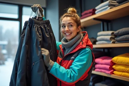 Femme souriante inspectant des pantalons de ski en magasin