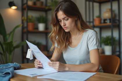 Jeune femme examine étiquettes vêtements et tableau de tailles