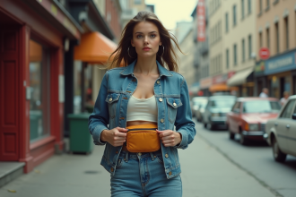Femme en denim vintage ajustant un sac banane dans une rue urbaine des années 80