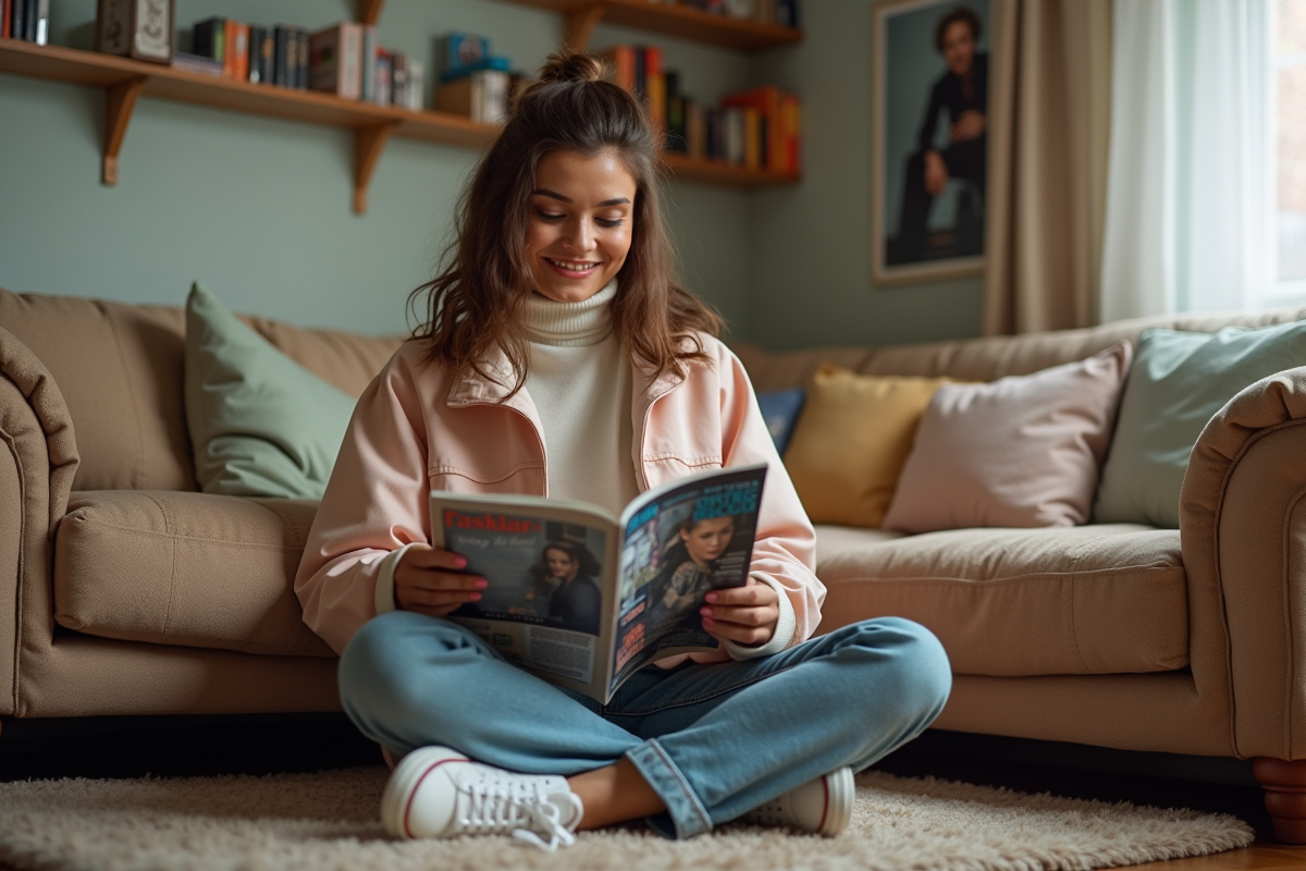 Femme dans un salon vintage 90s en train de lire un magazine