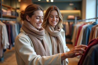 Deux femmes souriantes dans une boutique de mode au printemps