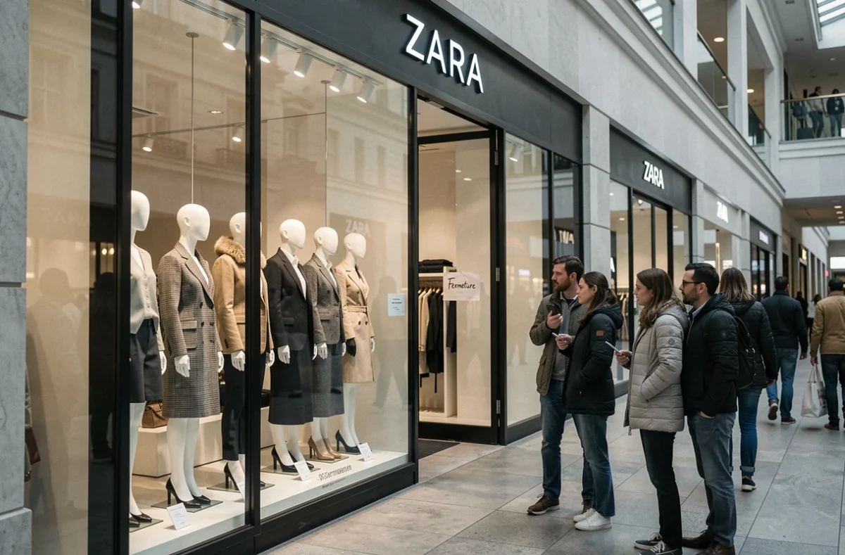 Devanture d'un magasin Zara dans un centre commercial européen avec un avis de fermeture sur la vitrine