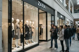 Devanture d'un magasin Zara dans un centre commercial européen avec un avis de fermeture sur la vitrine
