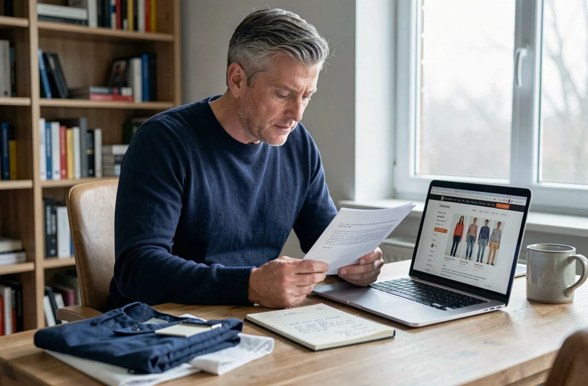 Homme évaluant la fiabilité de produits de mode en consultant des avis et un site e-commerce depuis son bureau à domicile