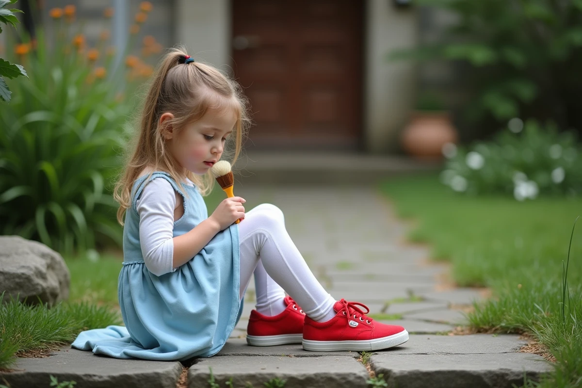 Fille de 8 ans nettoyant ses baskets rouges dehors