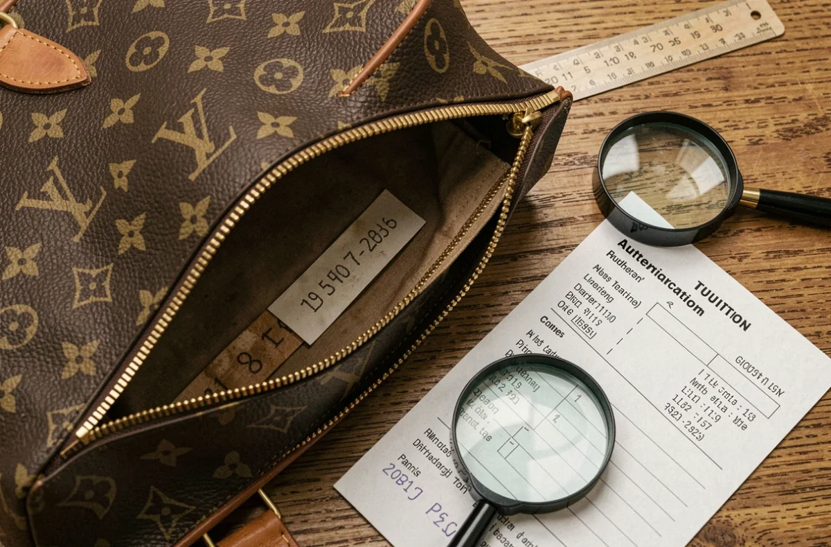 Flat-lay éditorial d'un sac Louis Vuitton ouvert avec loupe, règle et fiche d'authentification pour vérifier le date code