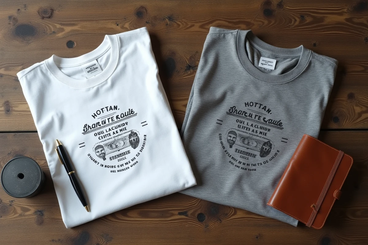 Vue de dessus de deux tee-shirts personnalisés avec des citations de Charles de Gaulle posés sur une table en bois rustique avec un stylo plume et un carnet vintage