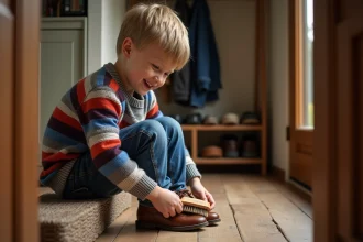 Jeune garçon brossant ses chaussures dans un intérieur chaleureux