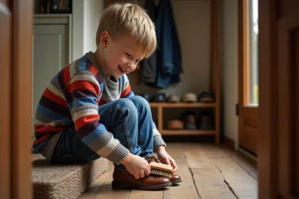 Jeune garçon brossant ses chaussures dans un intérieur chaleureux