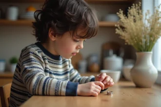 Garçon de six ans regardant un anneau en argent dans la cuisine