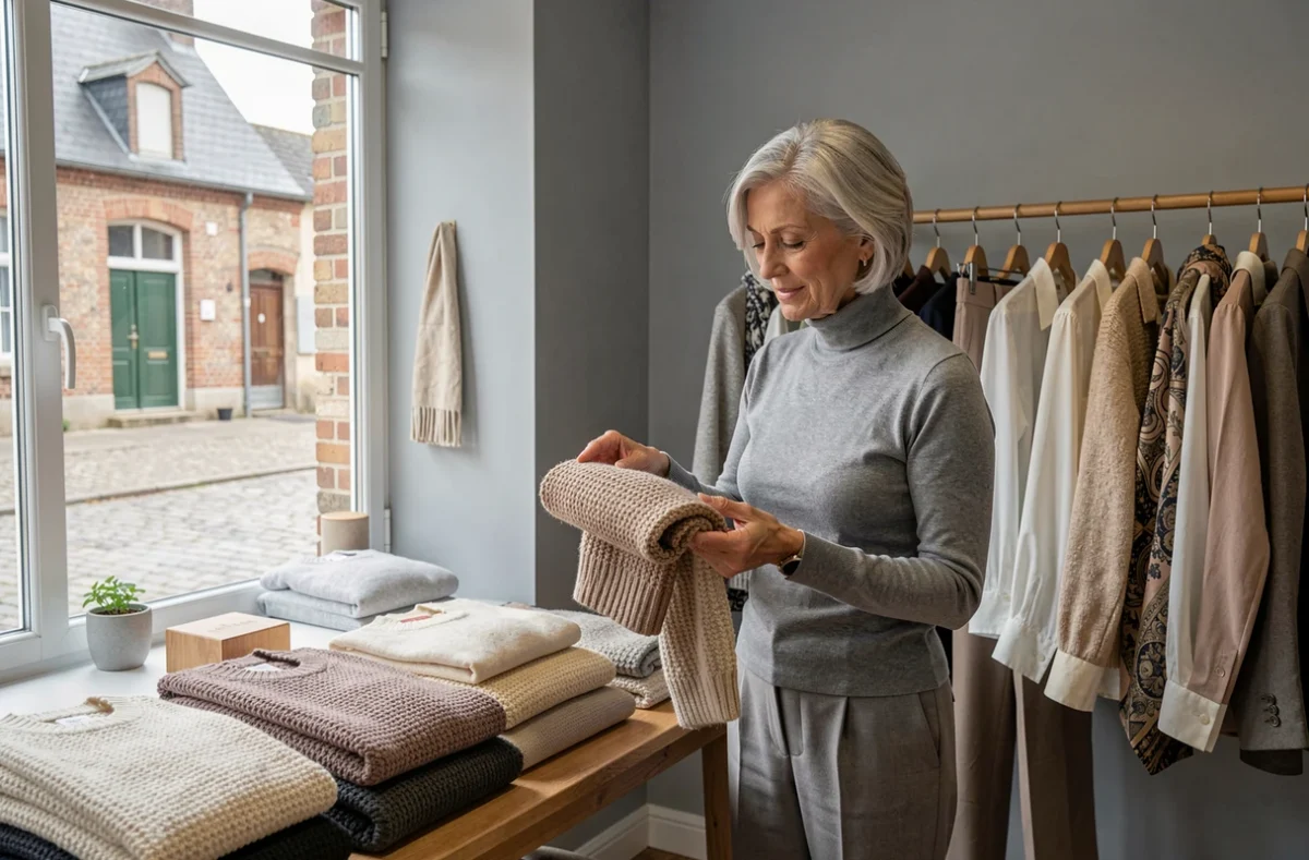 Boutique Gdustyl' à Crèvecœur-le-Grand avec une femme élégante découvrant des pièces mode soigneusement sélectionnées
