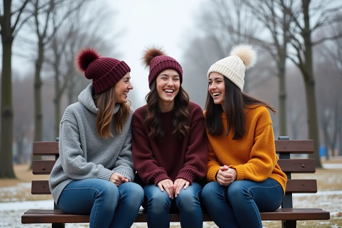 Groupe d'amis portant différents styles de bonnets assis sur un banc de parc en hiver