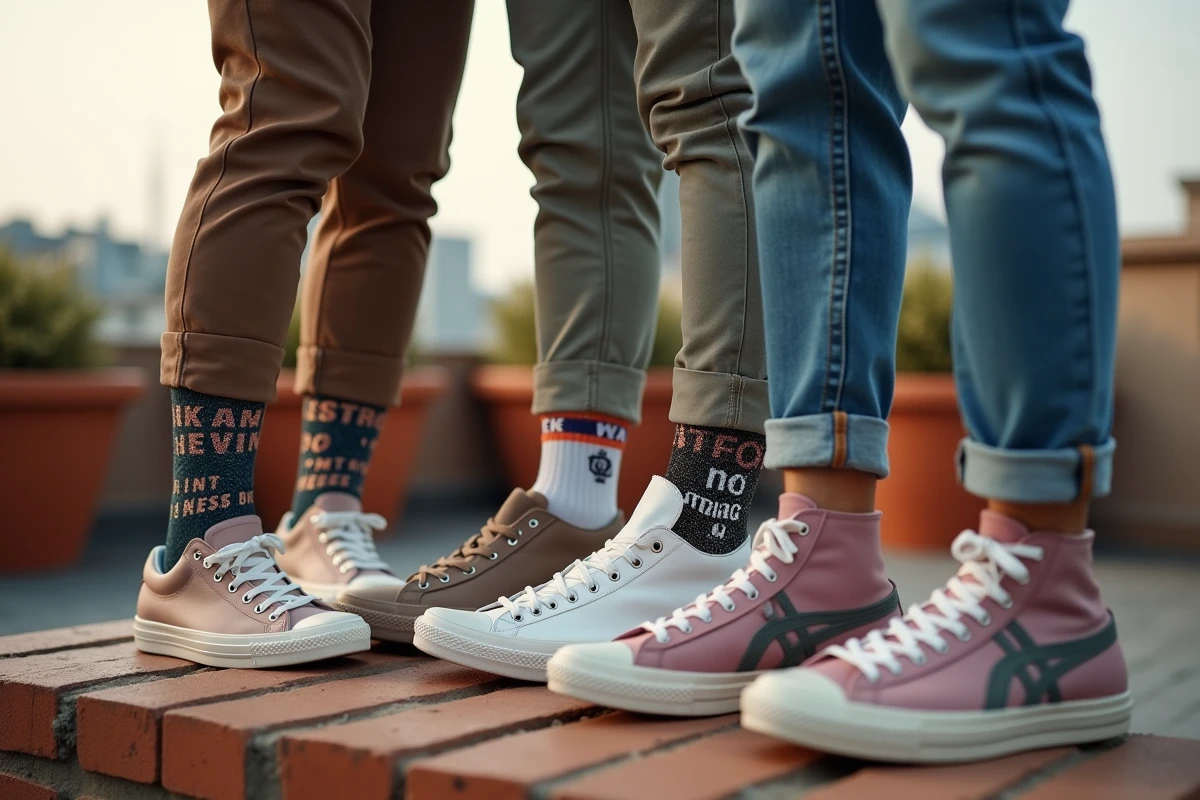 Groupe d'amis sur un rooftop affichant leurs chaussettes paillettes avec messages amusants portées avec des baskets variées