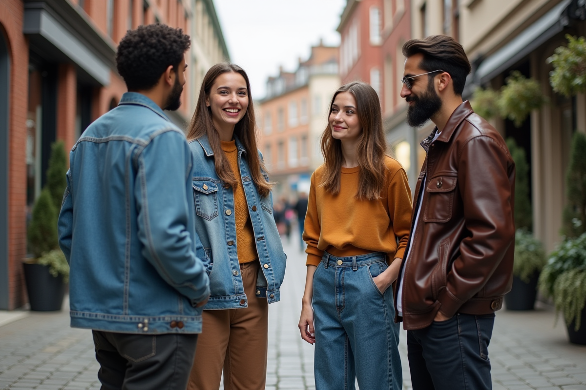 Groupe de créateurs de mode discutant en extérieur dans une rue urbaine