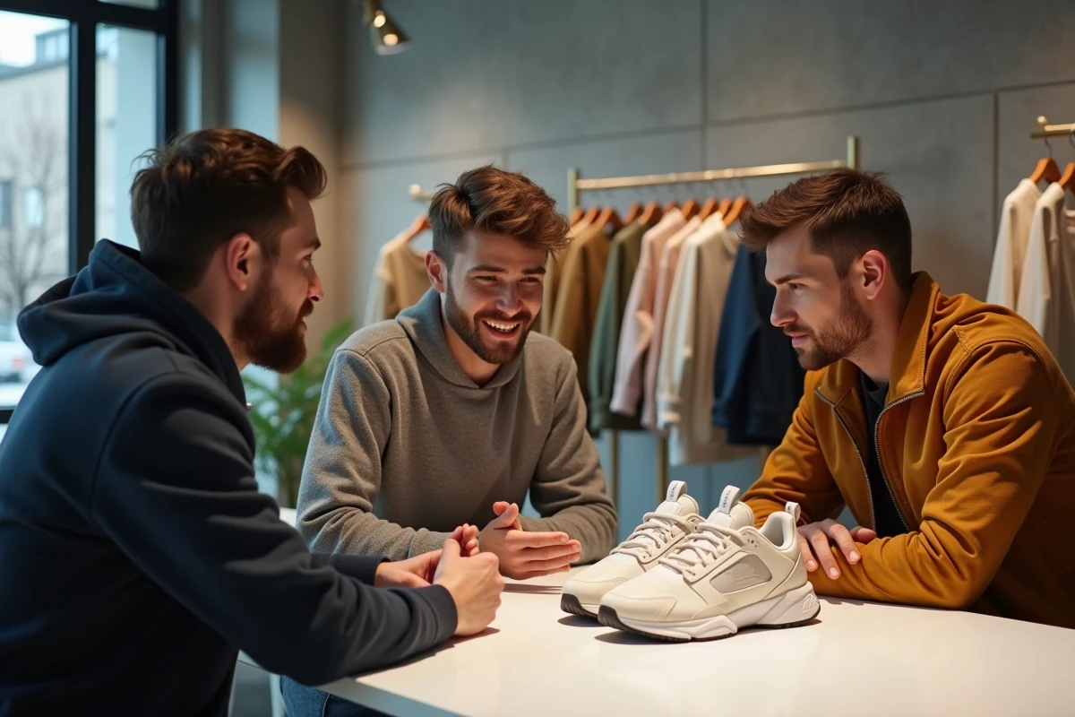 Groupe de jeunes discutant sneakers dans showroom moderne