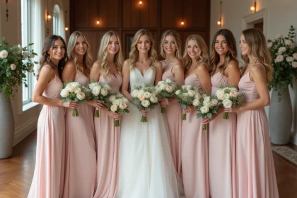 Groupe de mariees en robes pastel dans une salle elegante
