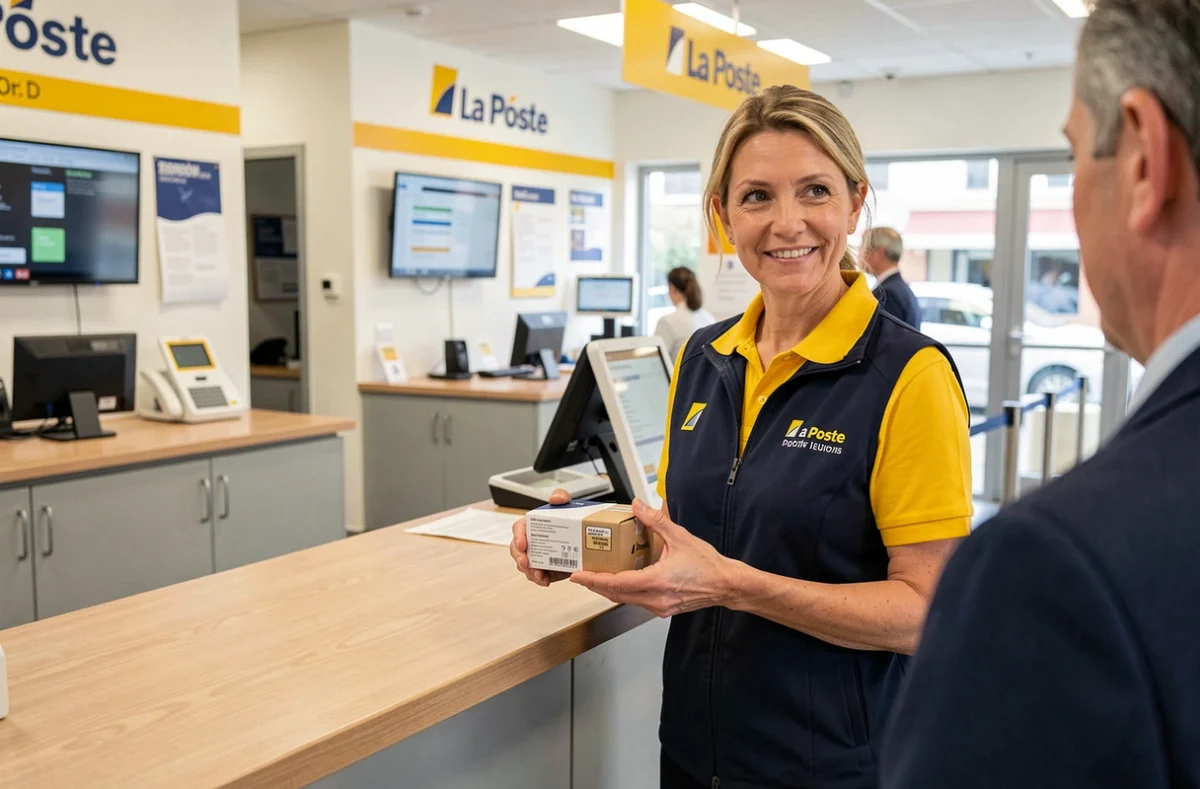 Guichetière La Poste en uniforme officiel accueillant un client au comptoir d'un bureau de poste
