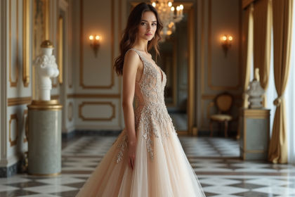 Femme en robe haute couture dans un salon parisien élégant
