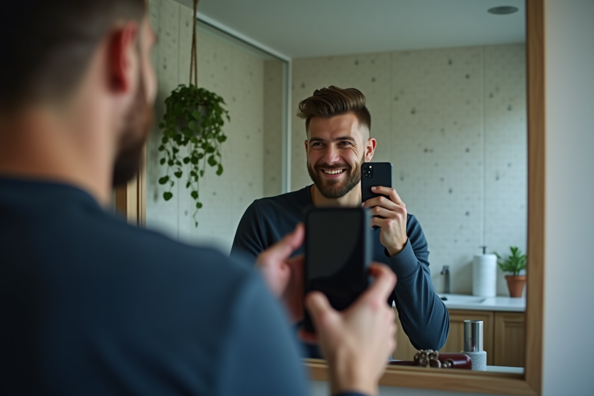 Homme prenant un selfie dans sa salle de bain avec sa nouvelle coupe