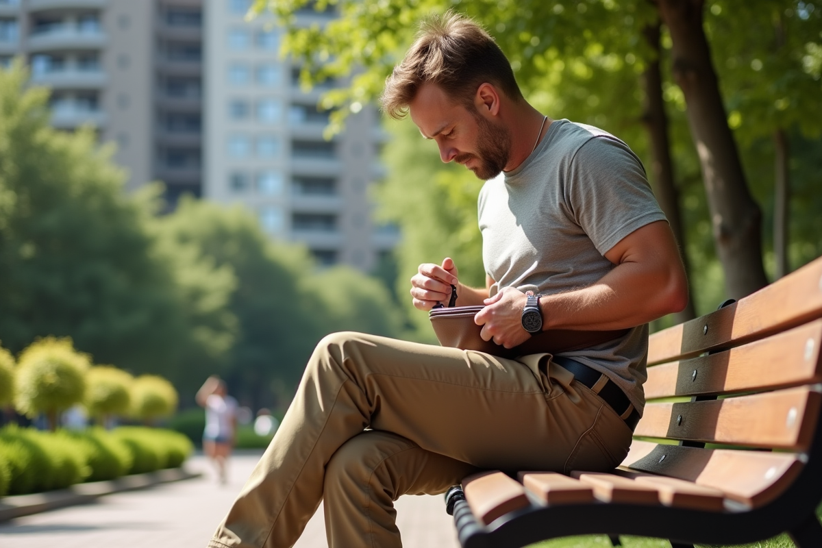 Homme moderne avec sac en cuir dans un parc urbain ensoleille