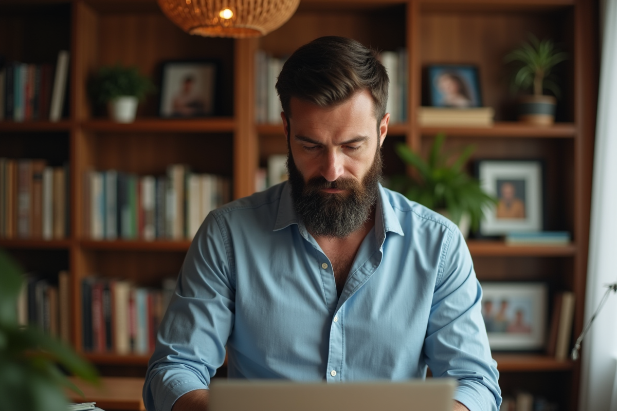 Homme barbu travaillant dans un bureau à domicile