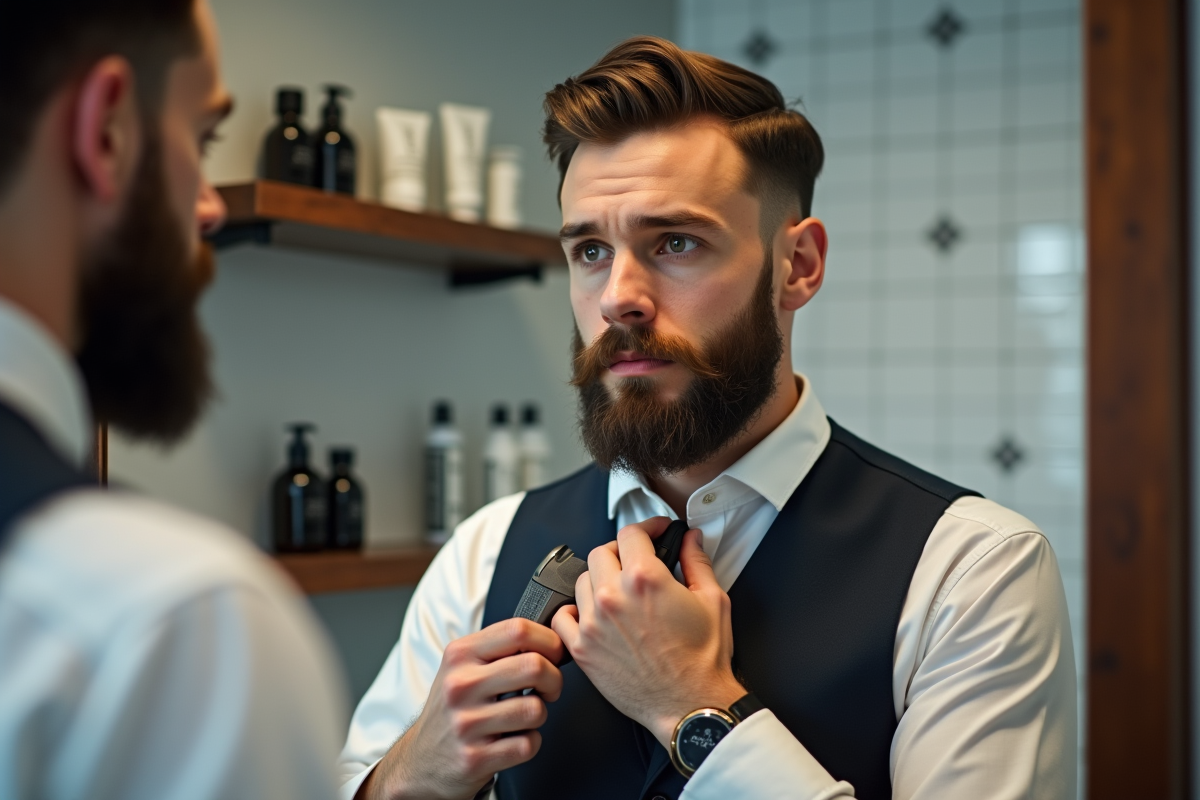 Jeune homme barbu ajustant sa chemise dans un barbershop