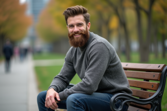 Jeune homme avec barbe souriant dans un parc urbain