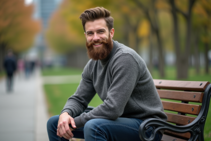 Jeune homme avec barbe souriant dans un parc urbain