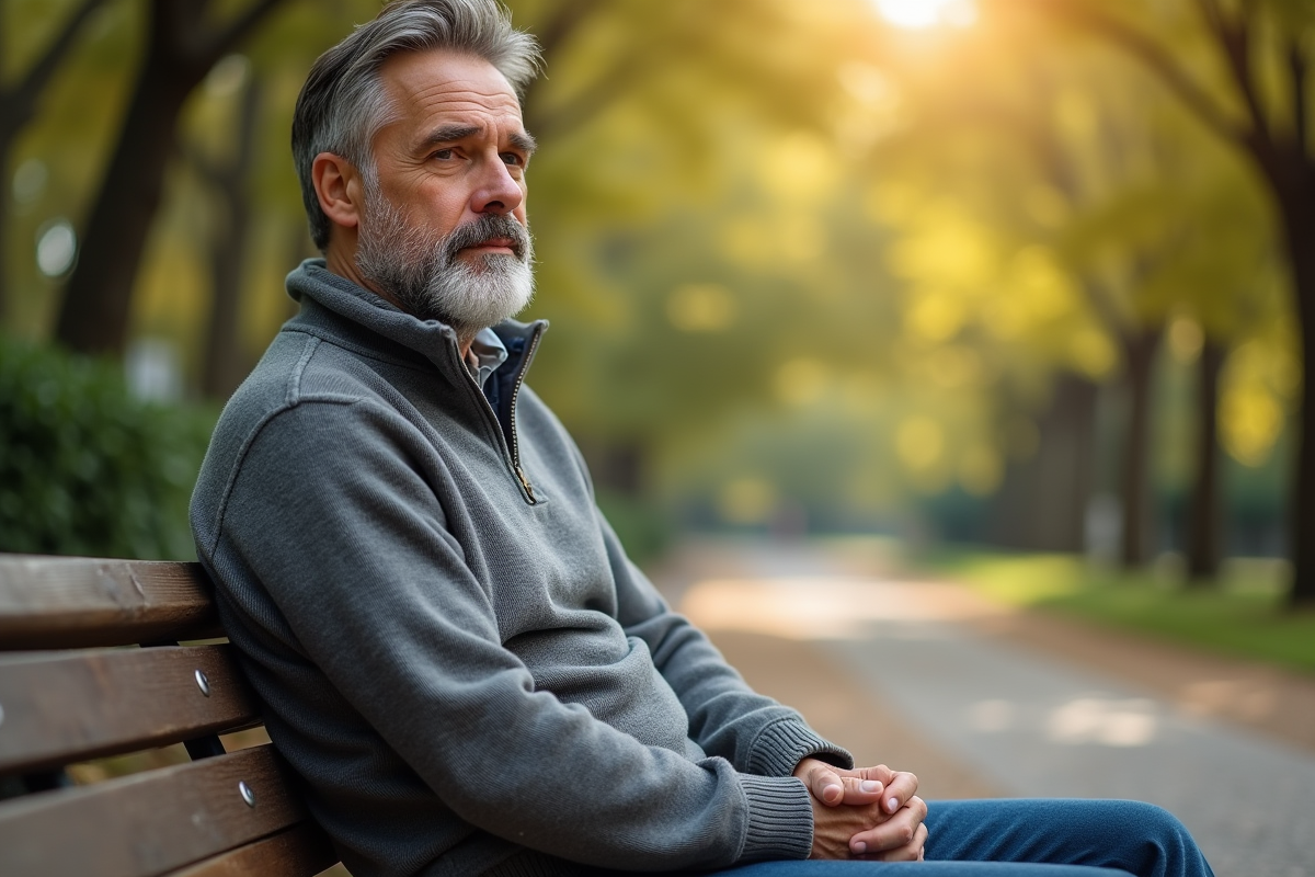 Homme barbu en sweater dans un parc tranquille