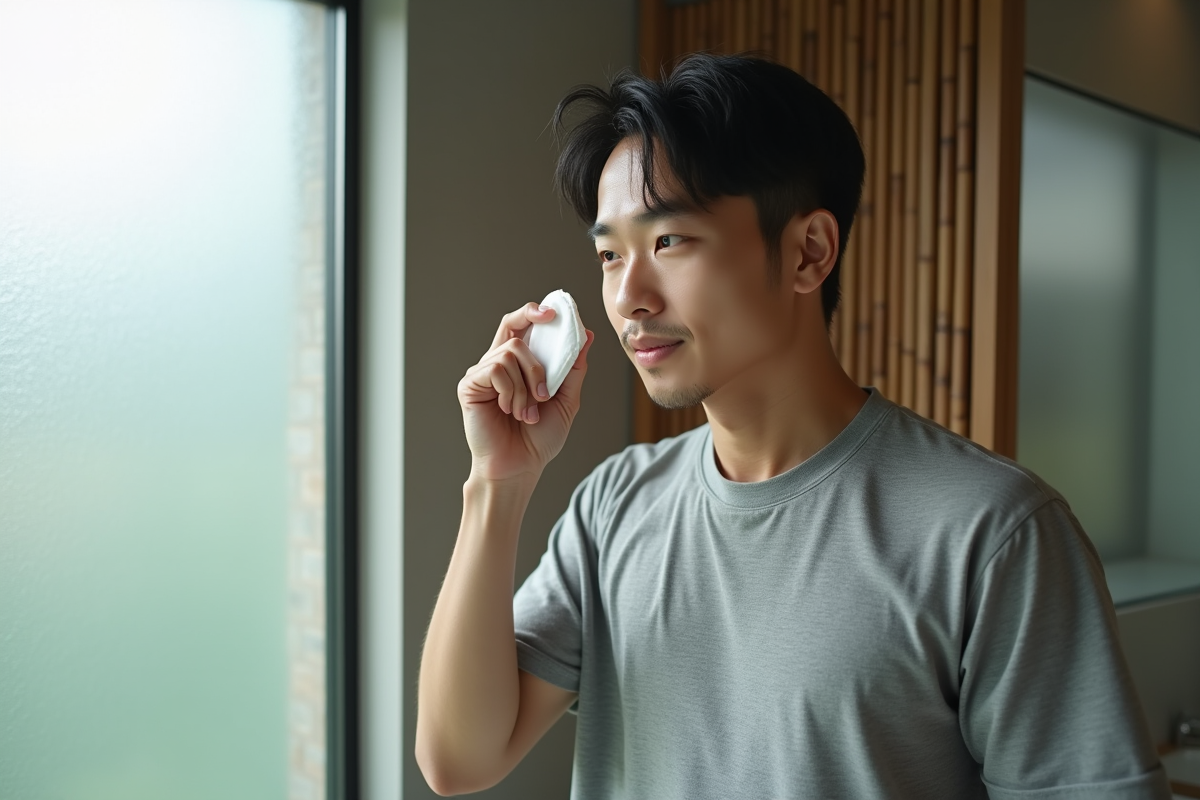 Homme asiatique appliquant du toner dans une salle de bain moderne