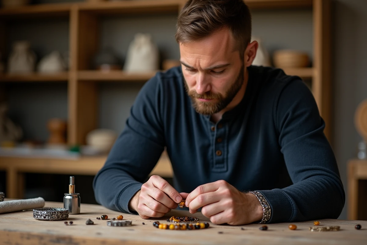 Homme artisan tenant un bracelet en pierre œil de tigre dans un atelier de bijouterie avec bracelet acier visible au poignet