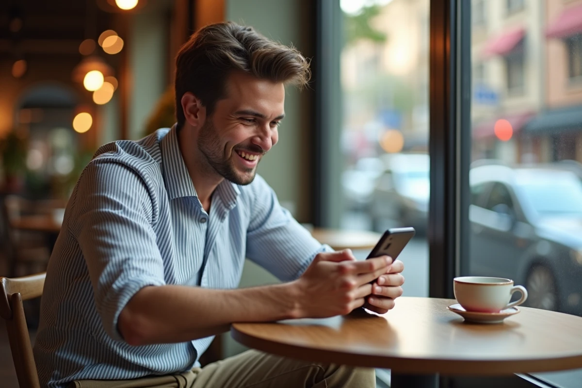 Jeune homme au café regardant son smartphone avec enthousiasme
