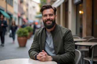 Homme souriant en extérieur dans un café urbain