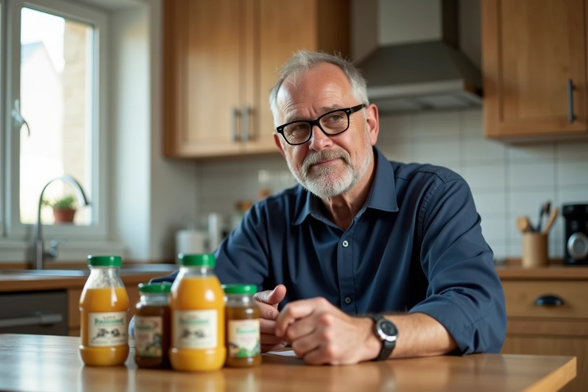 Homme comparant des étiquettes de produits génériques sur une table de cuisine