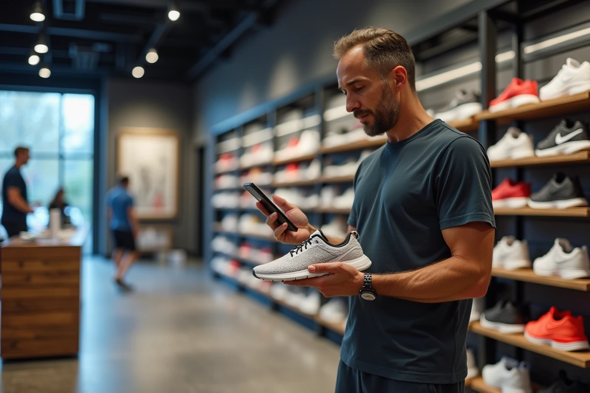 Homme compare deux paires de sneakers en magasin de sport