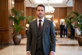 Homme en costume trois pièces charbon avec gilet dans un hall d'hôtel élégant, illustration du port du gilet en occasion formelle